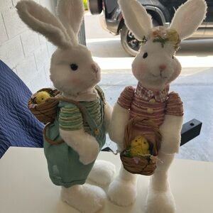 Adorable White Bunnies Plush Pair with Baskets